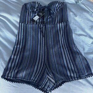 NWT Fashion Nova Crochet Strapless Romper Blue Combo Tie Front Boho Vacation